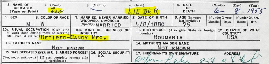 Leo Lieber. (Jan. 08, 1955). Death Certificate, File No. 54620, Reg. No. 11047, Primary Dist. No. 5101-461, filed by son Sylvan Lieber. PA Bureau of Vital Statistics.