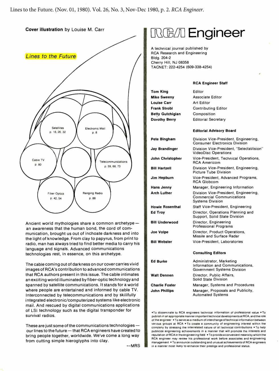 Lines to the Future. (Nov. 01, 1980). Vol. 26, No. 3, Nov-Dec 1980, p. 2. RCA Engineer.