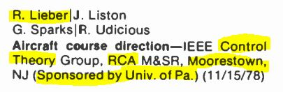 R. Lieber credit. (Dec. 01, 1978). Aircraft course direction-IEEE Control Theory Group, sponsored by UPenn, Vol. 24, No. 4, Dec 1978 - Jan 1979. RCA Engineer.