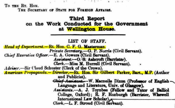 Archivist. (Sep. 01, 1916). Third Report on the [propaganda] work conducted for the Government at Wellington House, Signed in 1916 Sept, 124 pp + map, Cat. Ref. CAB 37/156/6, p. 2. The National Archives. Missing pp. 8,11,13 and 14, in original have been restored by the National Archives.