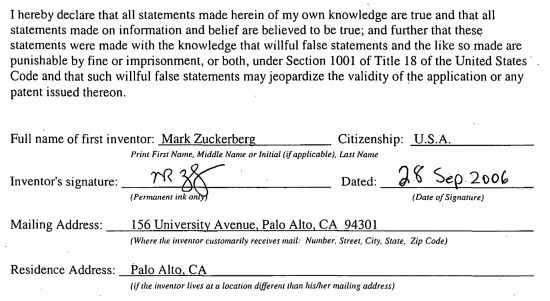 Zuckerberg et al. (Nov. 02, 2006). U.S. Pat. No. 7,669,123 Oath Declaration of Inventors. USPTO.