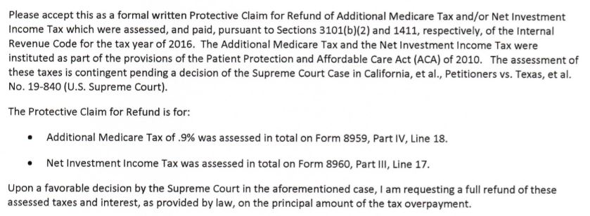 letter to irs for ACA refund