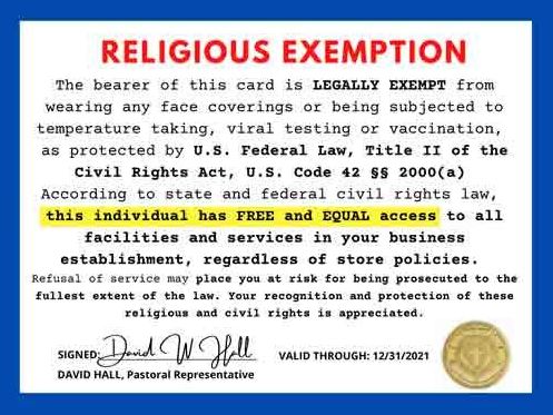 religious exemption card