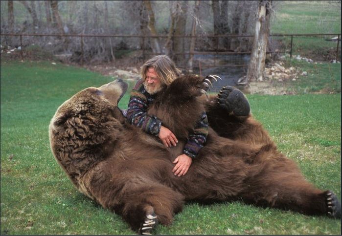 man wrestles bear
