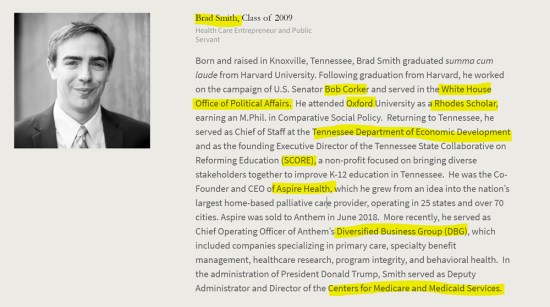 Brad Smith, Tennessee, Harvard, Rhodes Scholar, Oxford, Aspine Health, Diversified Business Group, Medicare, Medicaid. American Academy of Achievement aka British Pilgrims Society, Washington, D.C. subsidiary.