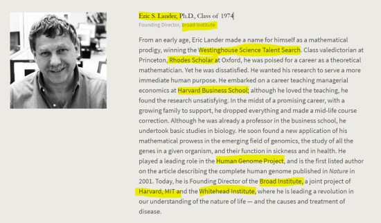 Eric S. Lander, groomed Rhodes Scholar, Oxford, Harvard, MIT, Human Genome Project, MIT, Whitehead Institute. American Academy of Achievement aka British Pilgrims Society, Washington, D.C. subsidiary.
