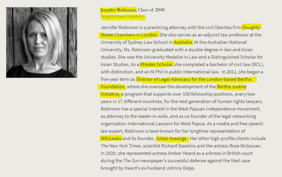 Jennifer Robinson, Rhodes Scholar, Oxford, Australia, Doughty Street Chambers, Julian Assange, West Papua, Johnny Depp. American Academy of Achievement aka British Pilgrims Society, Washington, D.C. subsidiary.