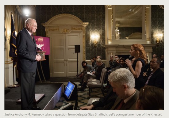 Press Release. (Oct. 10, 2017). 52nd International Academy of Achievement, London and Oxfordshire, keynote speaker Neil Gorsuch. U.S./UK Pilgrims Society. (Justice Anthony M. Kennedy takes a question from delegate Stav Shaffir, Israel’s youngest member of the Knesset.)