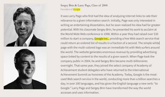 C.I.A. founded Google, Sergey Brin and Larry Page are cardboard cutouts. American Academy of Achievement aka British Pilgrims Society, Washington, D.C. subsidiary.