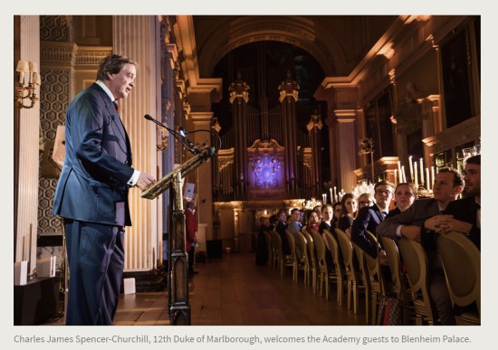 Press Release. (Oct. 10, 2017). 52nd International Academy of Achievement, London and Oxfordshire, keynote speaker Neil Gorsuch. U.S./UK Pilgrims Society. (Charles James Spencer-Churchill, 12th Duke of Marlborough, welcomes the Academy guests to Blenheim Palace.)