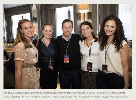Press Release. (Oct. 10, 2017). 52nd International Academy of Achievement, London and Oxfordshire, keynote speaker Neil Gorsuch. U.S./UK Pilgrims Society. (Academy Awards Council member and broadcast journalist Chris Wallace with 2017 Summit delegates (left to right): Elizabeth Byrne, Hannah Schneider, Megan Musilli, and Ruth Kagan at Claridge’s Hotel in Mayfair, London.)