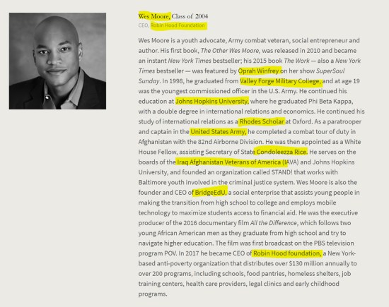 Wes Moore, Oprah Winfrey, Johns Hopkins, Rhodes Scholar, Oxford, Condoleeza Rice, US Army. American Academy of Achievement aka British Pilgrims Society, Washington, D.C. subsidiary.