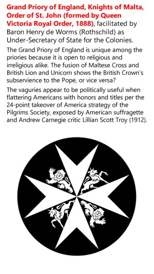 Grand Priory of England, Knights of Malta, Order of St. John (formed by Queen Victoria Royal Order, 1888), facilitated by Baron Henry de Worms (Rothschild) as Under-Secretary of State for the Colonies. 
