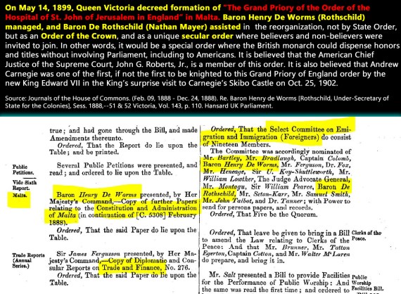 Journals of the House of Commons. (Feb. 09, 1888 - Dec. 24, 1888). Re. Baron Henry de Worms [Rothschild, Under-Secretary of State for the Colonies], Sess. 1888,--51 & 52 Victoria, Vol. 143, PDF p. 115. Hansard UK Parliament.