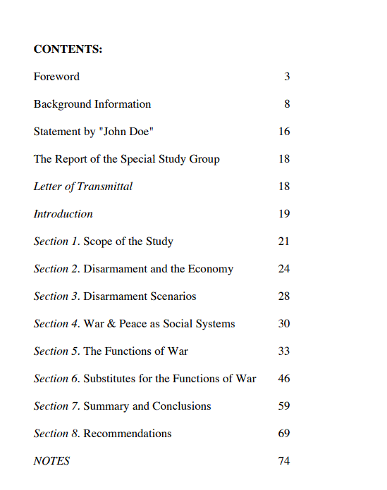 [Contents] from Report from Iron Mountain by Anonymous