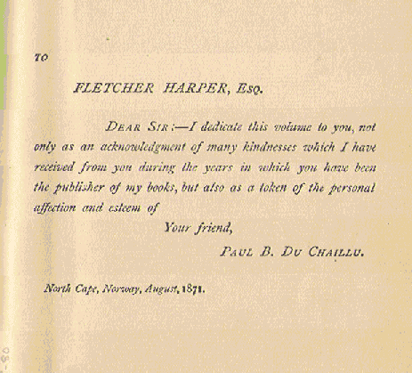 [Dedication] from Country of the Dwarfs by Paul du Chaillu