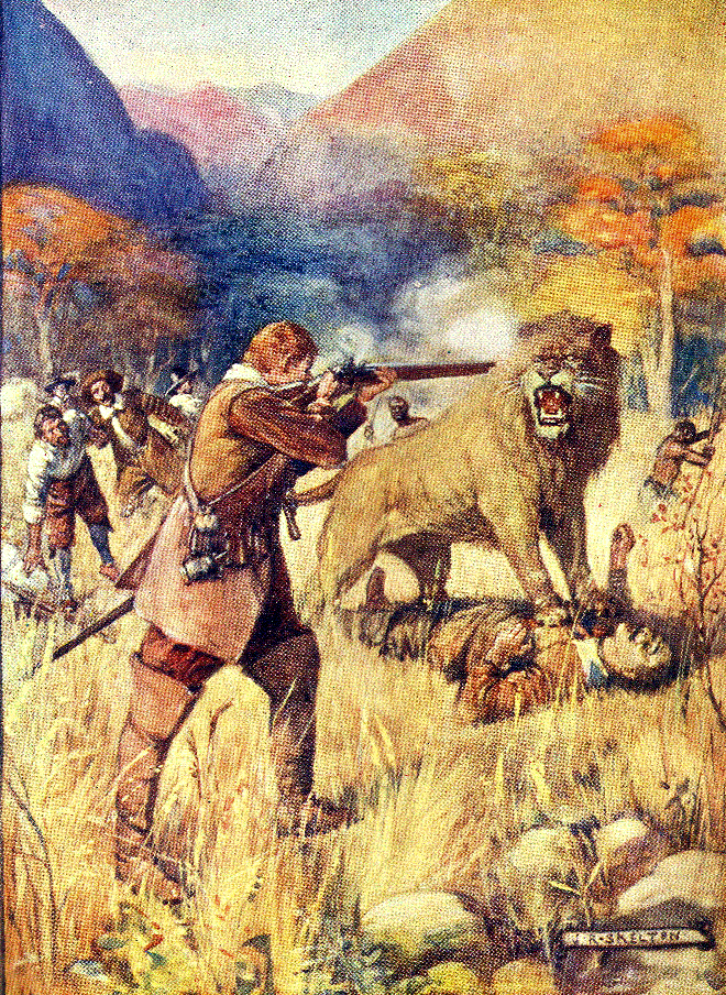 Large Lion sprang on men