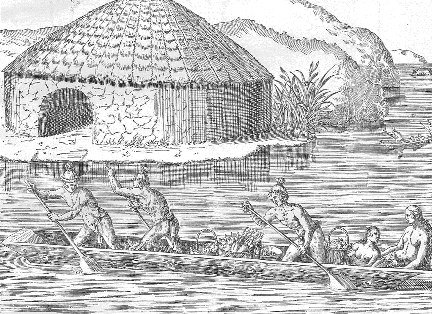 Indian canoe and dwellings