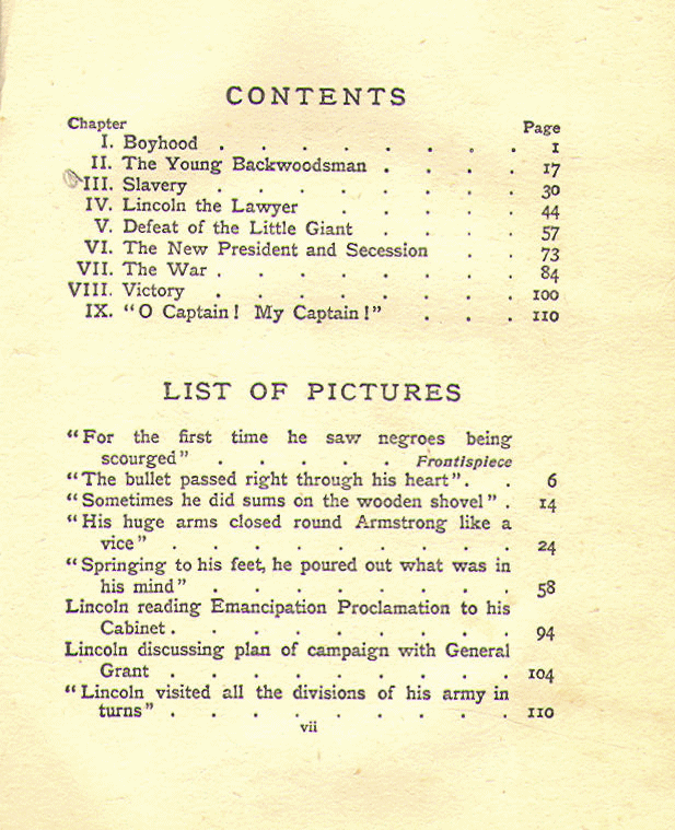 [Contents] from The Story of Abraham Lincoln by M. A. Hamilton