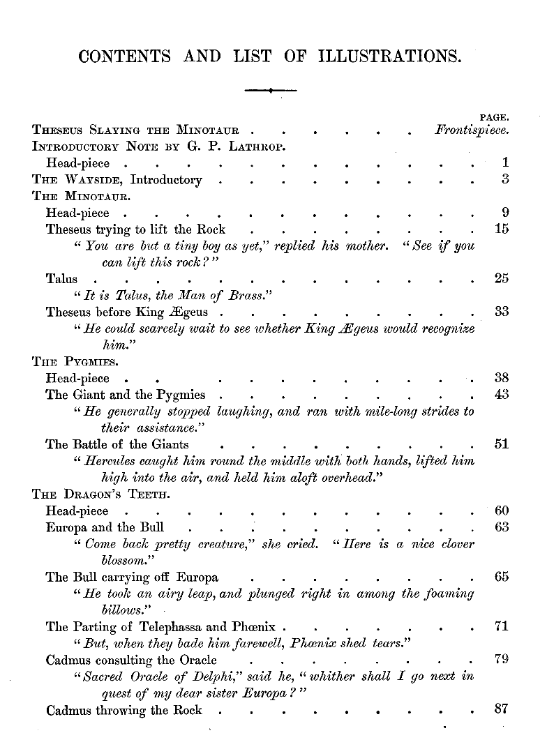 [Contents and List of Illustrations Page 1 of 2] from Tanglewood Tales by N. Hawthorne