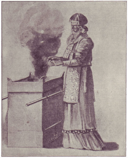 The high-priest offers sacrifice in the temple