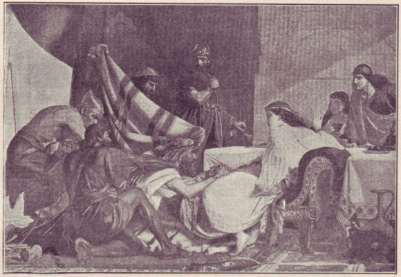 Haman begs for his life from Esther
