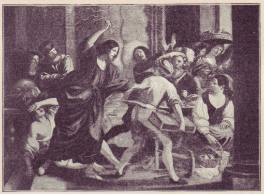 Jesus drives the buyers and sellers from the templ