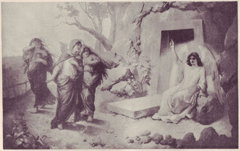 The women see the angel at the tomb of Jesus