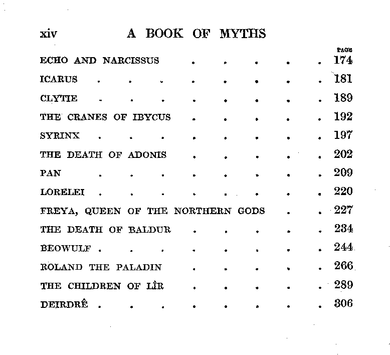 [Contents, Page 2 of 2] from A Book of Myths by Jeanie Lang