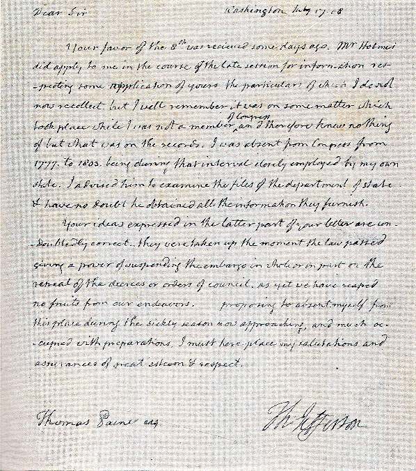 Letter from Jefferson to Thomas Paine