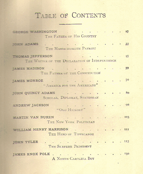 [Contents, Page 1 of 2] from True Stories of Our Presidents by Charles Morris