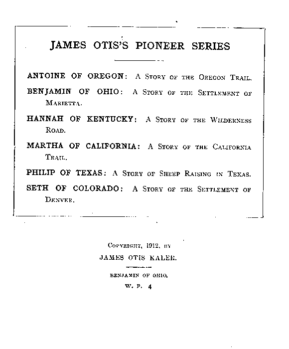 [Copyright Page] from Benjamin of Ohio by James Otis