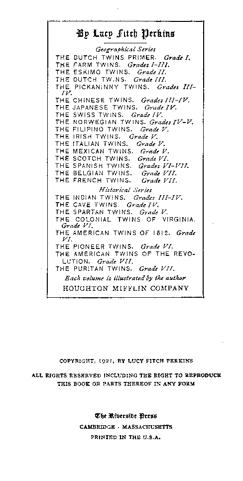 [copyright Page] from Puritan Twins by Lucy F. Perkins