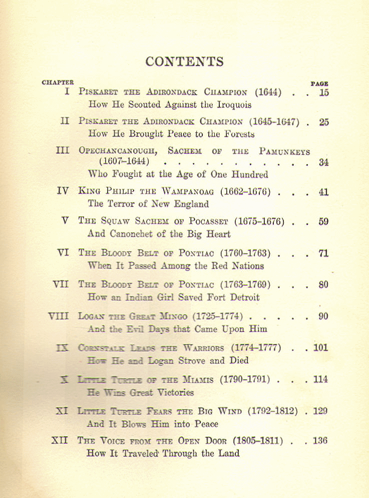 [Contents, Page 1 of 2] from Book of Indian Warriors by Edwin Sabin