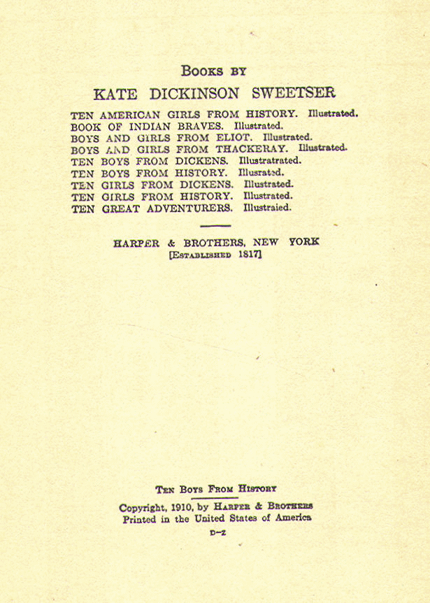 [Copyright Page] from Ten Boys from History by K. D. Sweetser