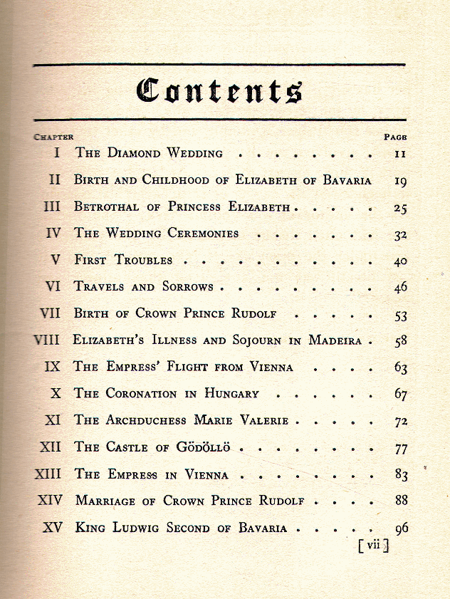 [Contents] from Elizabeth - Empress of Austria by George Upton