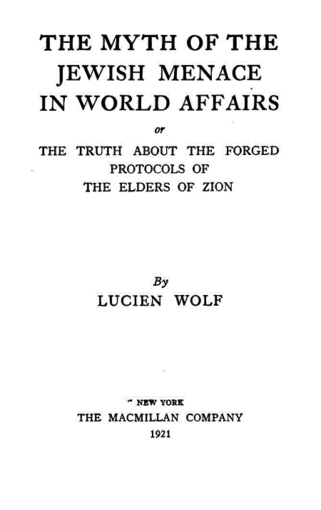 [Title Page] from Myth of Jewish Menace by Lucien Wolf