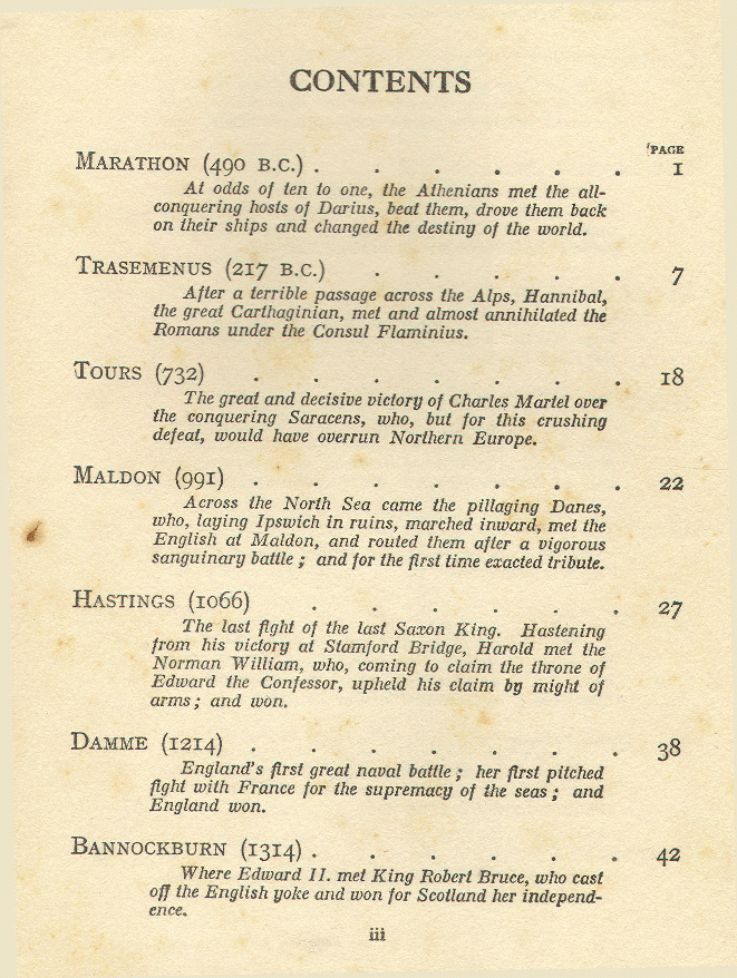 [Contents, Page 1 of 4] from Boy's Book of Battles by Eric Wood