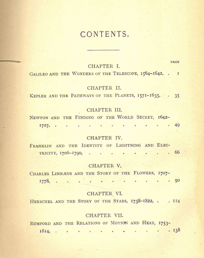 [Contents, Page 1 of 2] from Stories of the Great Scientists by H. C. Wright