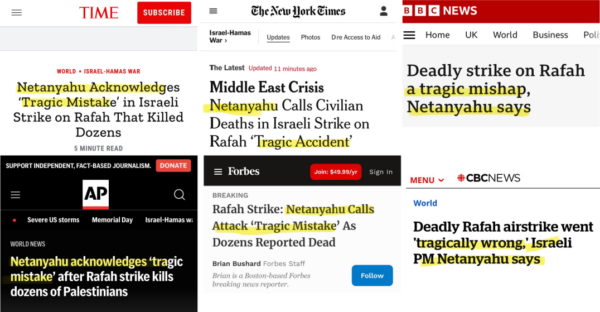 Collage of headlines calling Rafah massacre a 