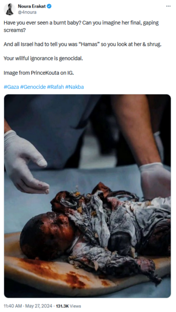 Noura Erakat on X: Have you ever seen a burnt baby? Can you imagine her final, gaping screams? And all Israel had to tell you was “Hamas” so you look at her & shrug. 