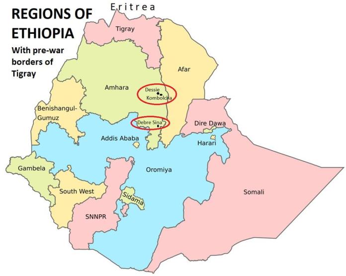 A map of ethiopia with different colored areas Description automatically generated