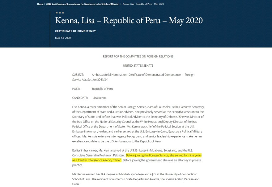 Lisa Kenna US ambassador Peru CIA