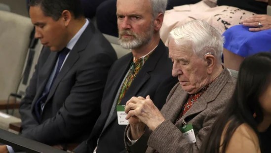Yaroslav Hunka, right, waits for the arrival of Ukrainian President Volodymyr Zelenskyy in the House of Commons in Ottawa, Onatario on Friday, Sept. 22, 2023.(AP)