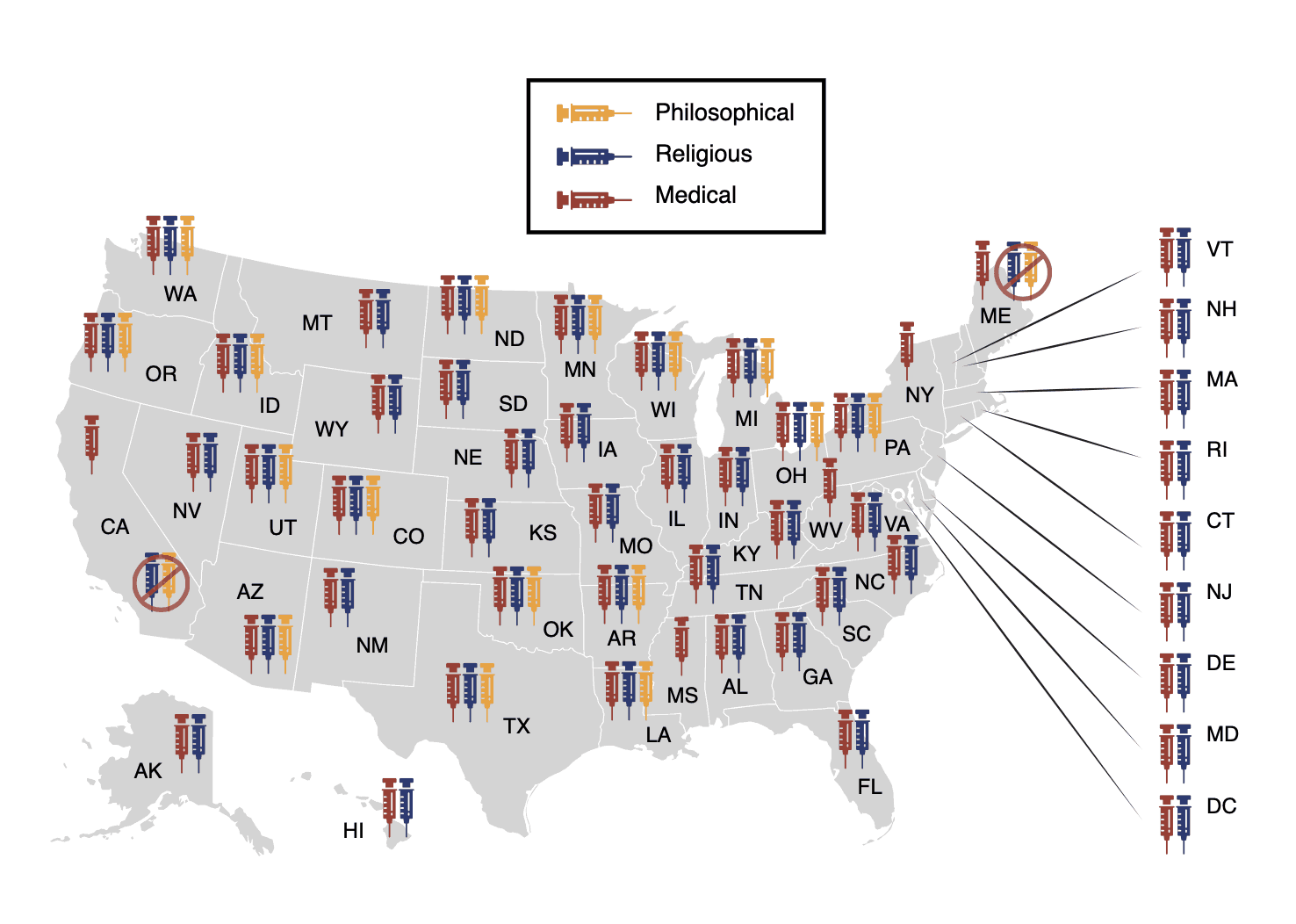 US map states medical religious philosophical exemptions