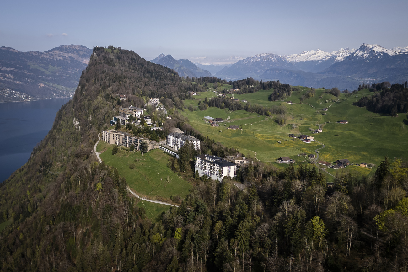 An aerial view of the Bürgenstock resort on Mount Bürgenstock.