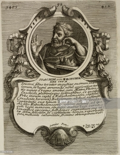 Portrait of Jeconiah or Jehoiachin, King of Judah (in 597 BC), engraving from Epitome historico-chronologica gestorum omnium patriarcharum, ducum, judicum, regum, et pontificum populi hebraici (Historical-chronological summary of the patriarchs, chiefs, judges, kings and popes of the Jewish people), by Bartolomeo Gai, 1751, Rome. (Photo by Icas94 / De Agostini Picture Library via Getty Images)