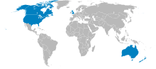Map of UKUSA Community countries with Ireland