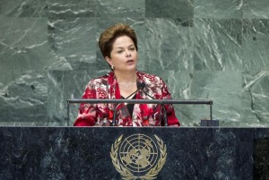 Brazil's President Dilma Rousseff addressing the United Nations General Assembly. (UN Photo by Marco Castro)