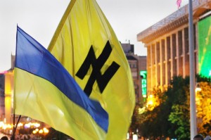 The Wolfsangel symbol on a banner in Ukraine.